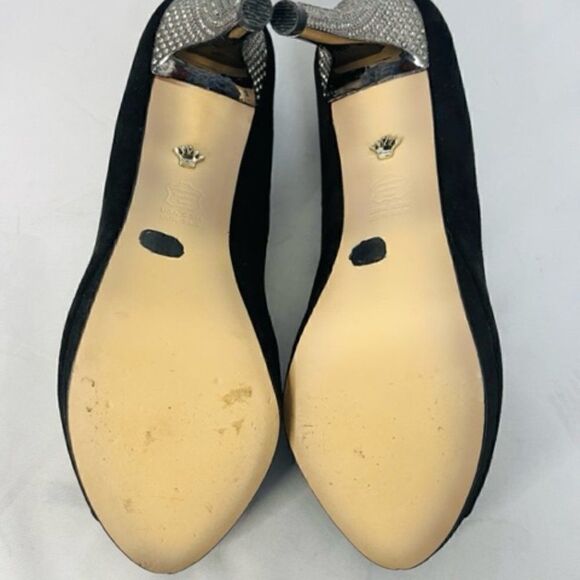 Nina "Faiza - FY" Women's 8.5 True Black Suede Embellished Peep Toe Trendy Heels - Picture 2 of 8